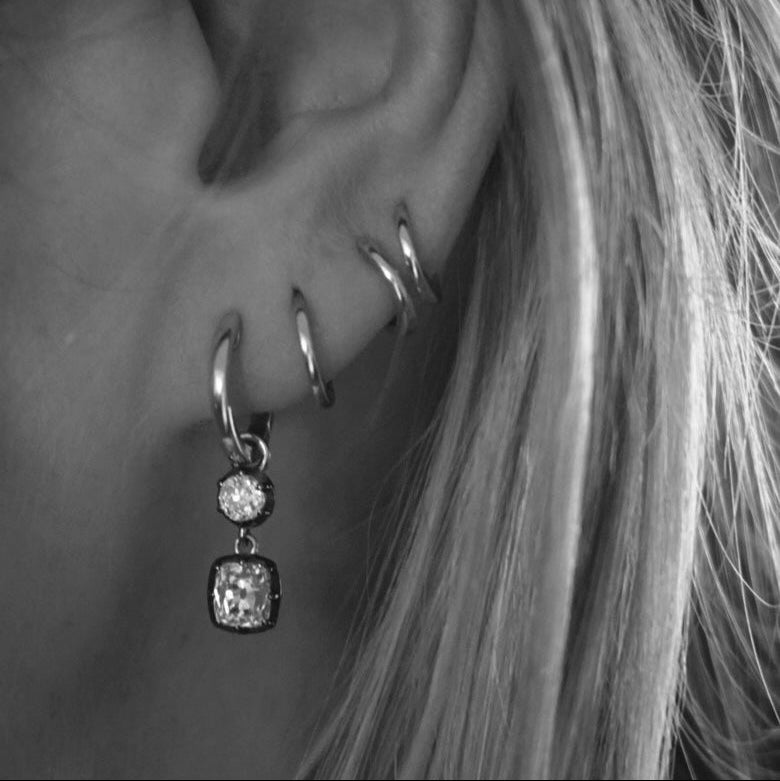 Double Diamond Drop Hoops — round + cushion