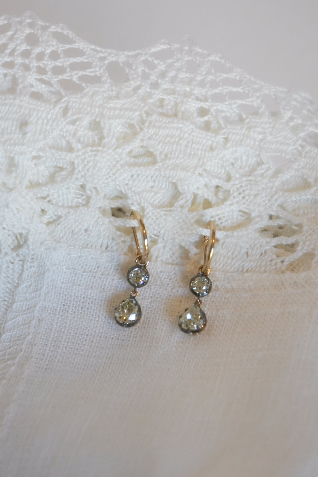 Double Diamond Drop Hoops — round + pear