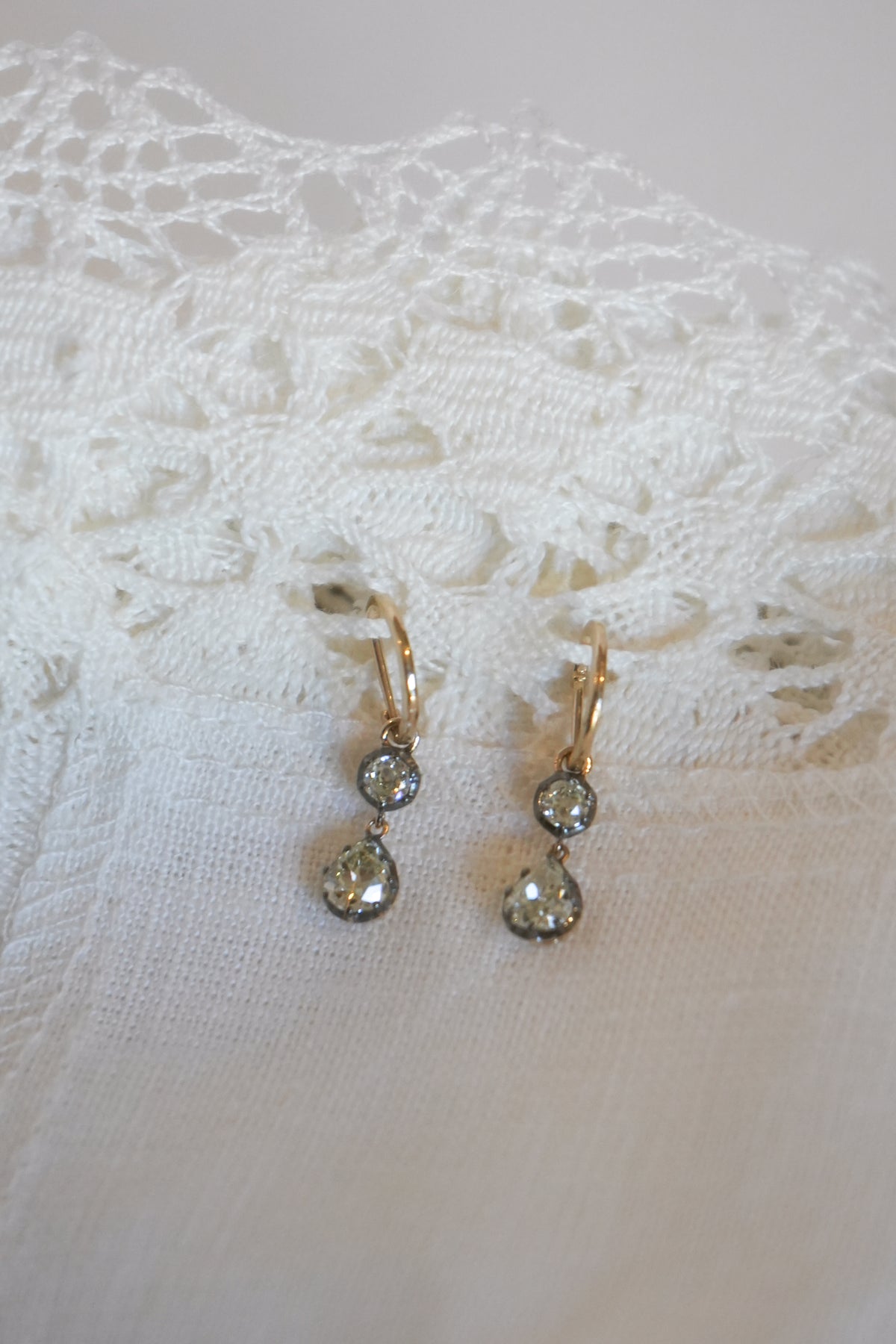 Double Diamond Drop Hoops — round + pear