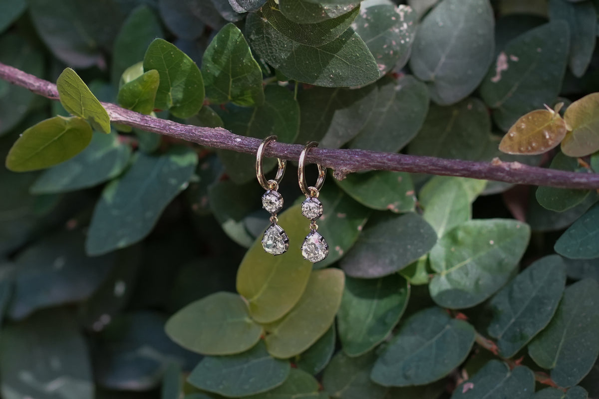 Double Diamond Drop Hoops — round + pear