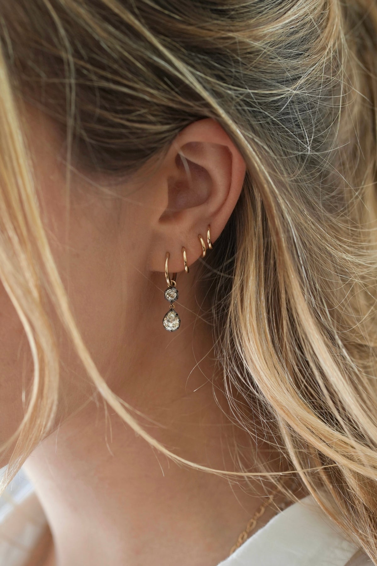 Double Diamond Drop Hoops — round + pear
