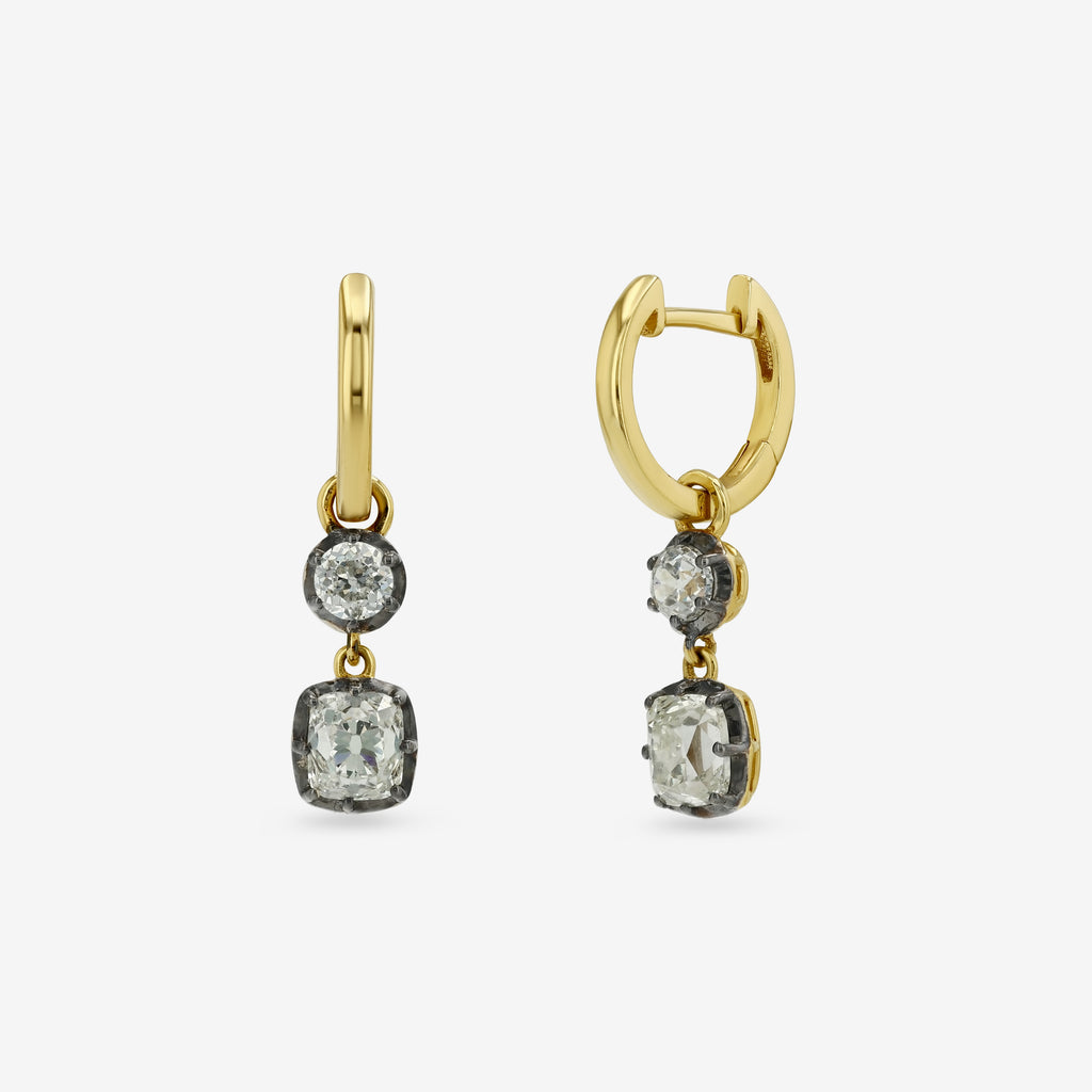 Double Diamond Drop Hoops — round + cushion