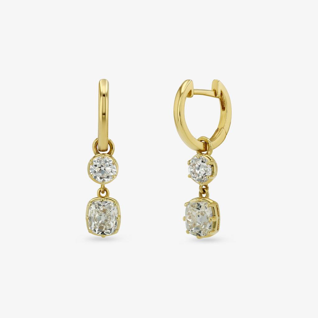 Double Diamond Drop Hoops — round + cushion