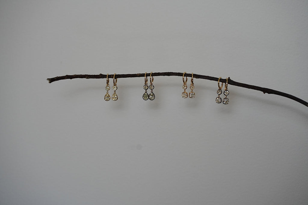 Double Diamond Drop Hoops — round + cushion