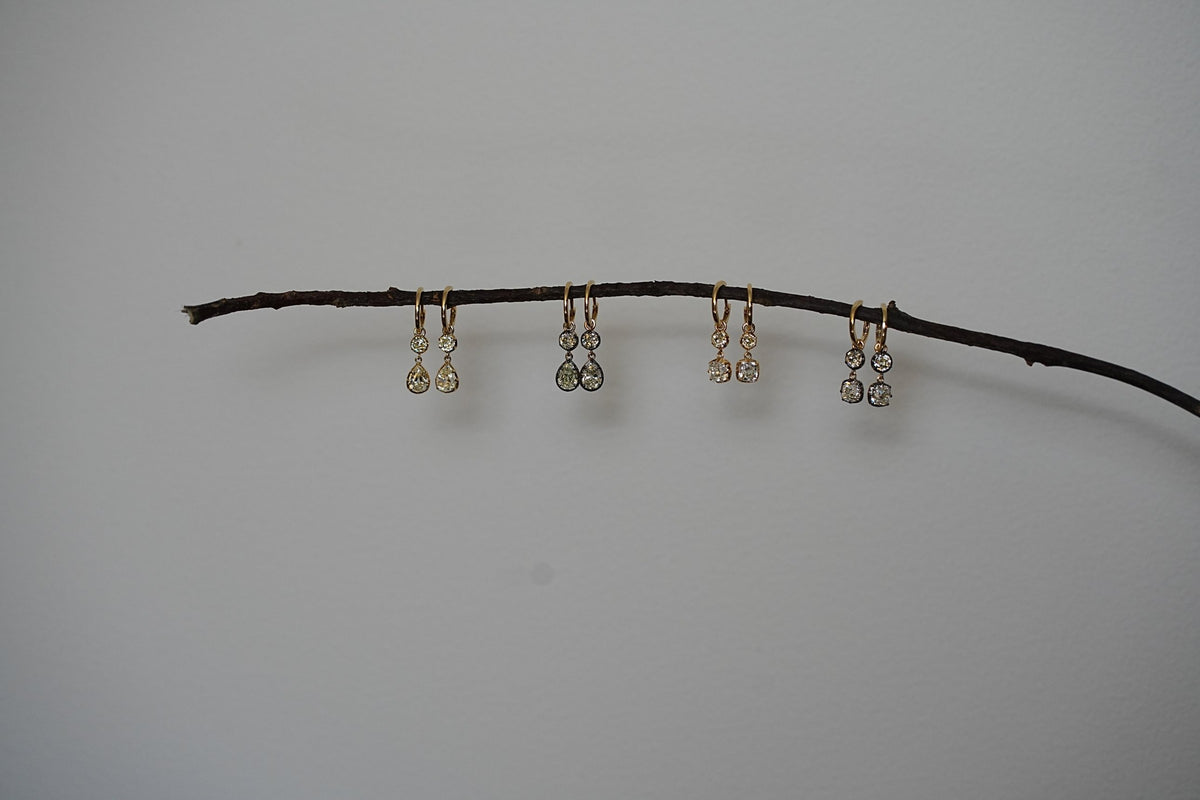 Double Diamond Drop Hoops — round + cushion